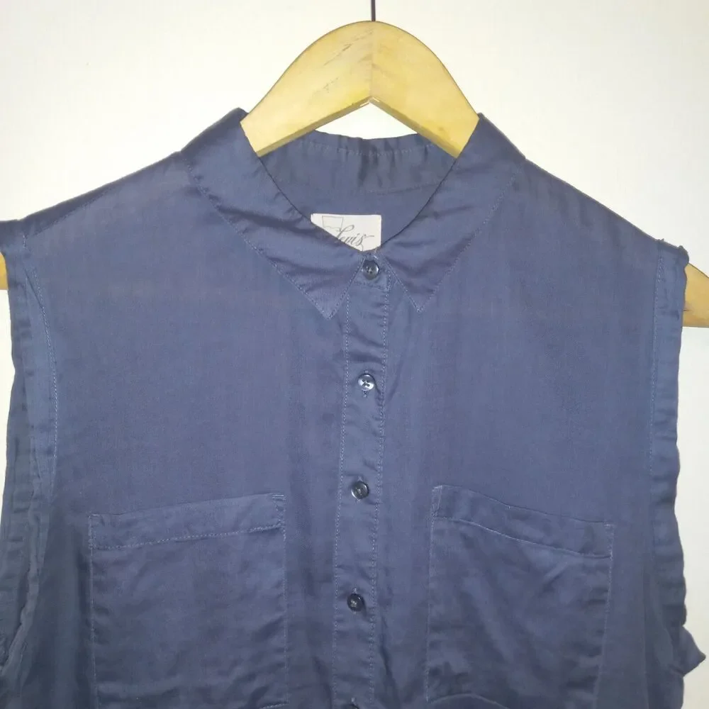 Levi's Women Blue Sleeveless Button Front Blouse-Small-Collared-Pockets-Cotton